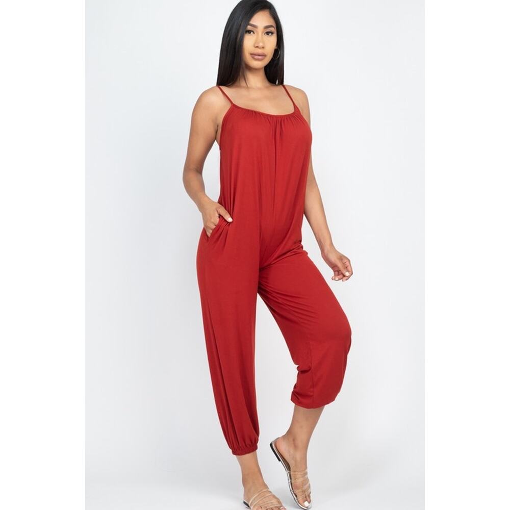 Spaghetti strap solid jumpsuit (Rust)-Medium